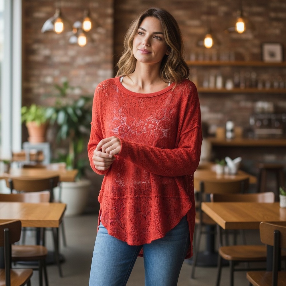 Free People Lace Crochet Sheer Long Sleeve Top Boho Fairy Size XS Autumn Fall
